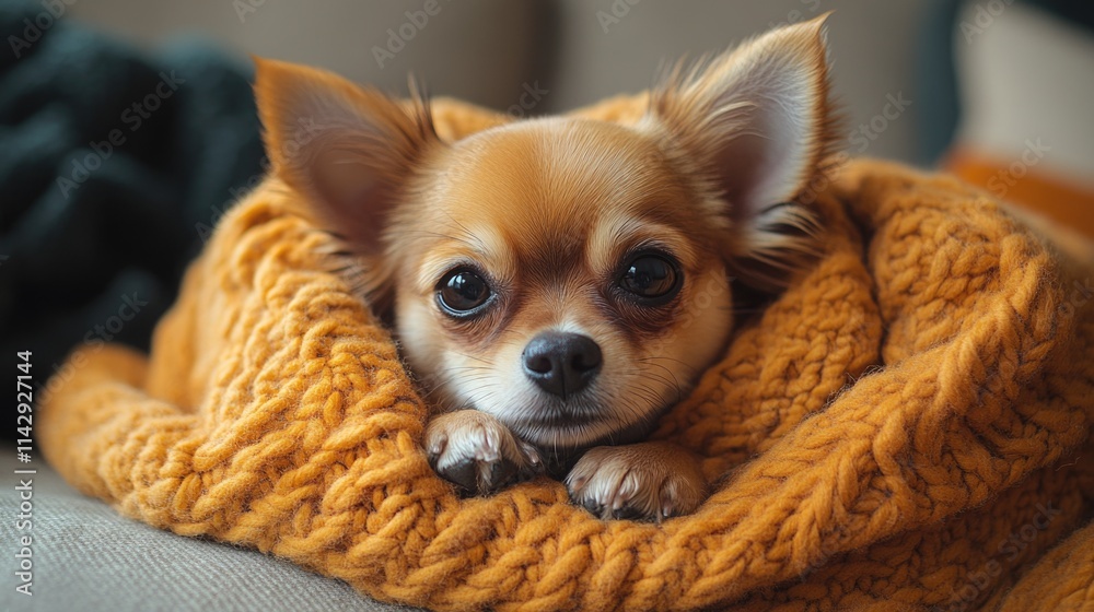 A small dog snugly wrapped in a blanket A small dog snugly wrapped in a blanket