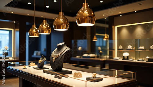 Sophisticated and Elegant Luxury Modern Jewelry Store Interior, Featuring Gleaming Display Cases, Refined Lighting, and Exquisite Jewelry Pieces in a Contemporary Setting