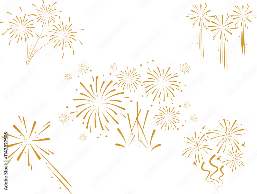 Set of golden fireworks icon. Festive fireworks with stars and sparks isolated on white background. Vibrant fireworks simple  line icons.