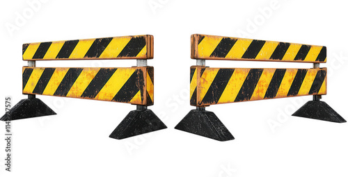 two yellow and black construction barriers with black triangular bases isolated on transparent background