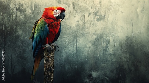 Vibrant parrot perched on a rustic post against a textured backdrop in a natural setting during daylight photo