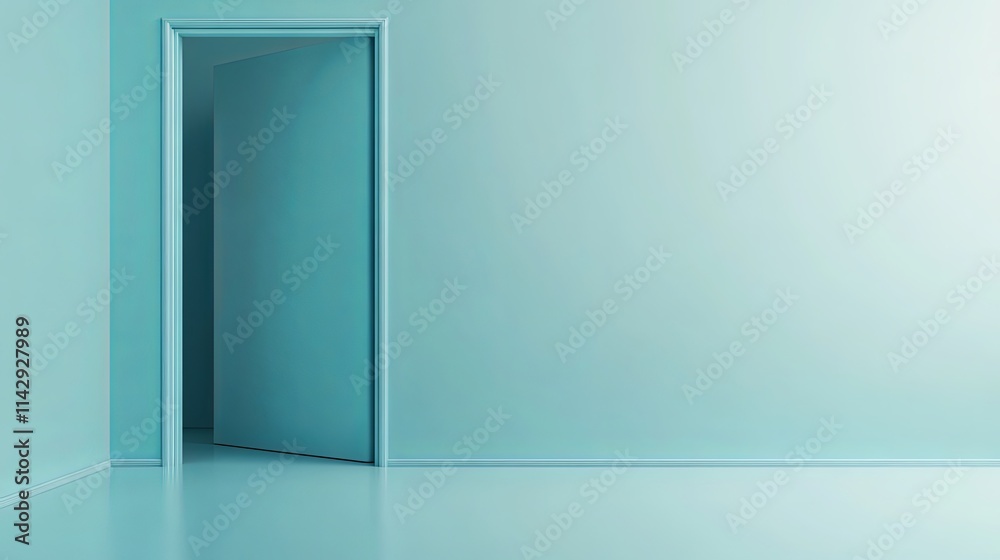 Open door revealing a tranquil teal space with smooth walls and polished flooring illuminated by soft light Open door revealing a tranquil teal space with smooth walls and polished flooring illuminated by soft light