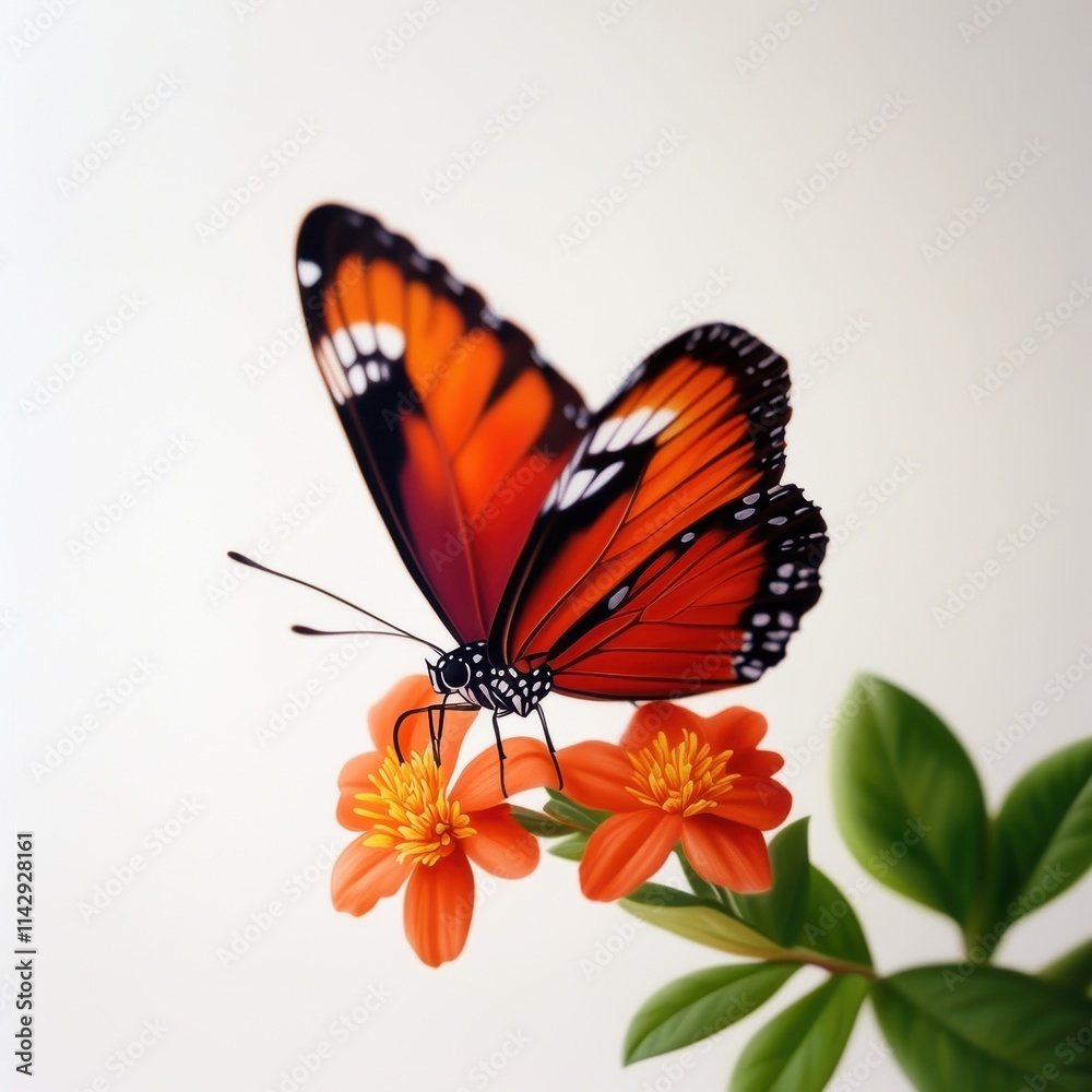 Obraz premium A vibrant butterfly rests on bright orange flowers, showcasing its striking wings against a soft background, embodying nature's beauty.