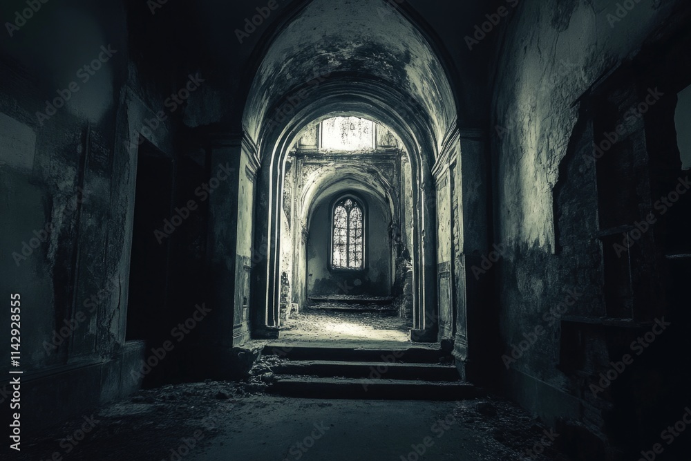 A dark hallway with a single light source coming from outside through a window A dark hallway with a single light source coming from outside through a window