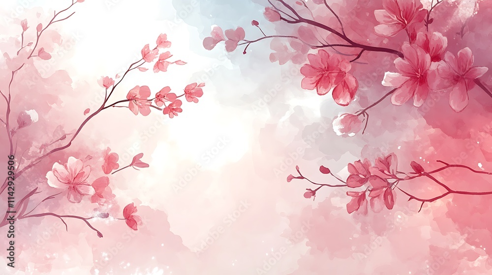 Fototapeta premium Delicate Pink Blossoms Watercolor Painting Branches Art