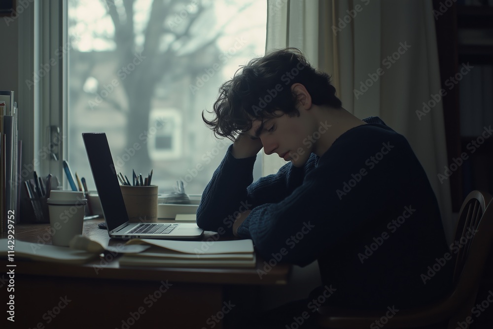 A young man sits at a desk, appearing overwhelmed by seasonal change fatigue. He gazes pensively at his laptop, reflecting the effects of spring vitamin deficiency in a cozy room. A young man sits at a desk, appearing overwhelmed by seasonal change fatigue. He gazes pensively at his laptop, reflecting the effects of spring vitamin deficiency in a cozy room.