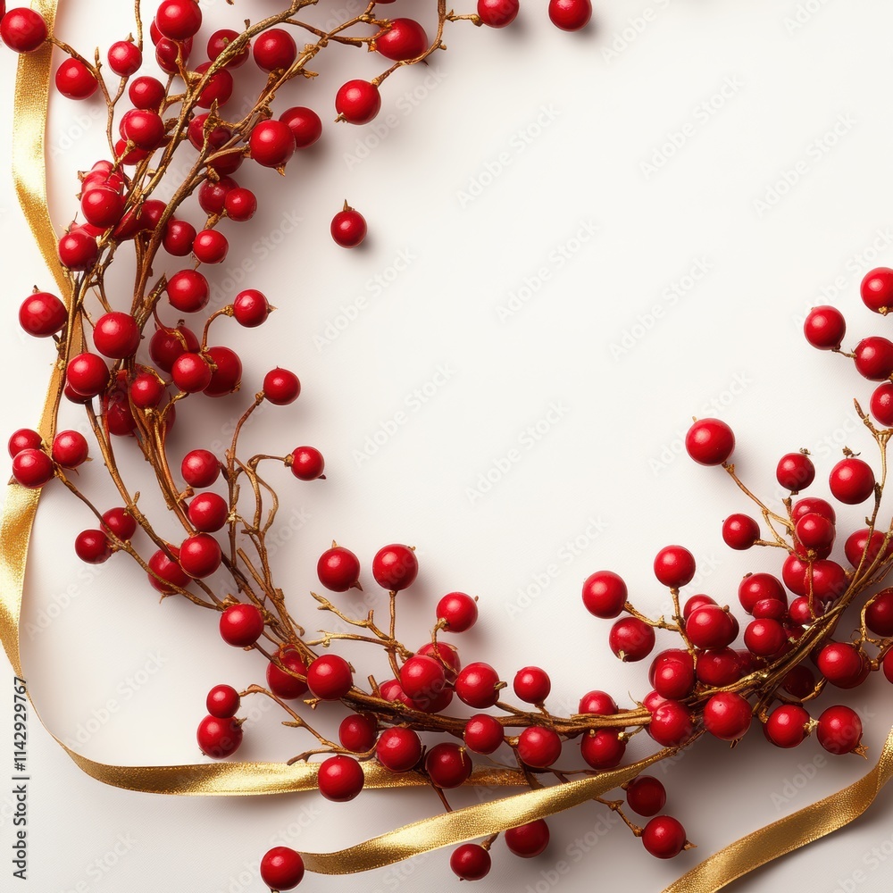 A decorative arrangement of red berries intertwined with a golden ribbon, set against a neutral background, creating a festive and elegant display. A decorative arrangement of red berries intertwined with a golden ribbon, set against a neutral background, creating a festive and elegant display.