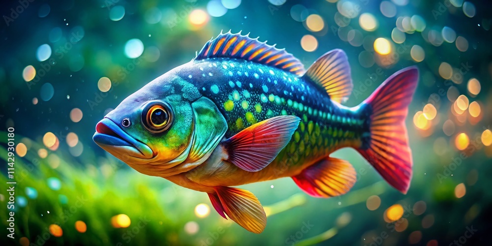 Fototapeta premium Stunning Bokeh Photography: Freshwater Fish, Aquatic Life, Underwater Macro, Closeup, Nature, Wildlife, Fish Portrait, Blurred Background, Shallow Depth of Field, Colorful Fish, Vivid Colors, 