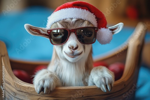 A goat wearing sunglasses and a Santa hat, suitable for holiday or winter-themed images