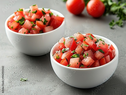 Fresh tomato salad with herbs served in white bowls perfect for summer picnics or outdoor gatherings photo