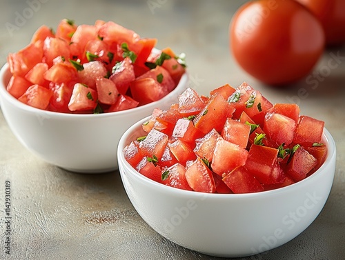 Fresh diced tomatoes with herbs in white bowls perfect for summer salads and garnishes