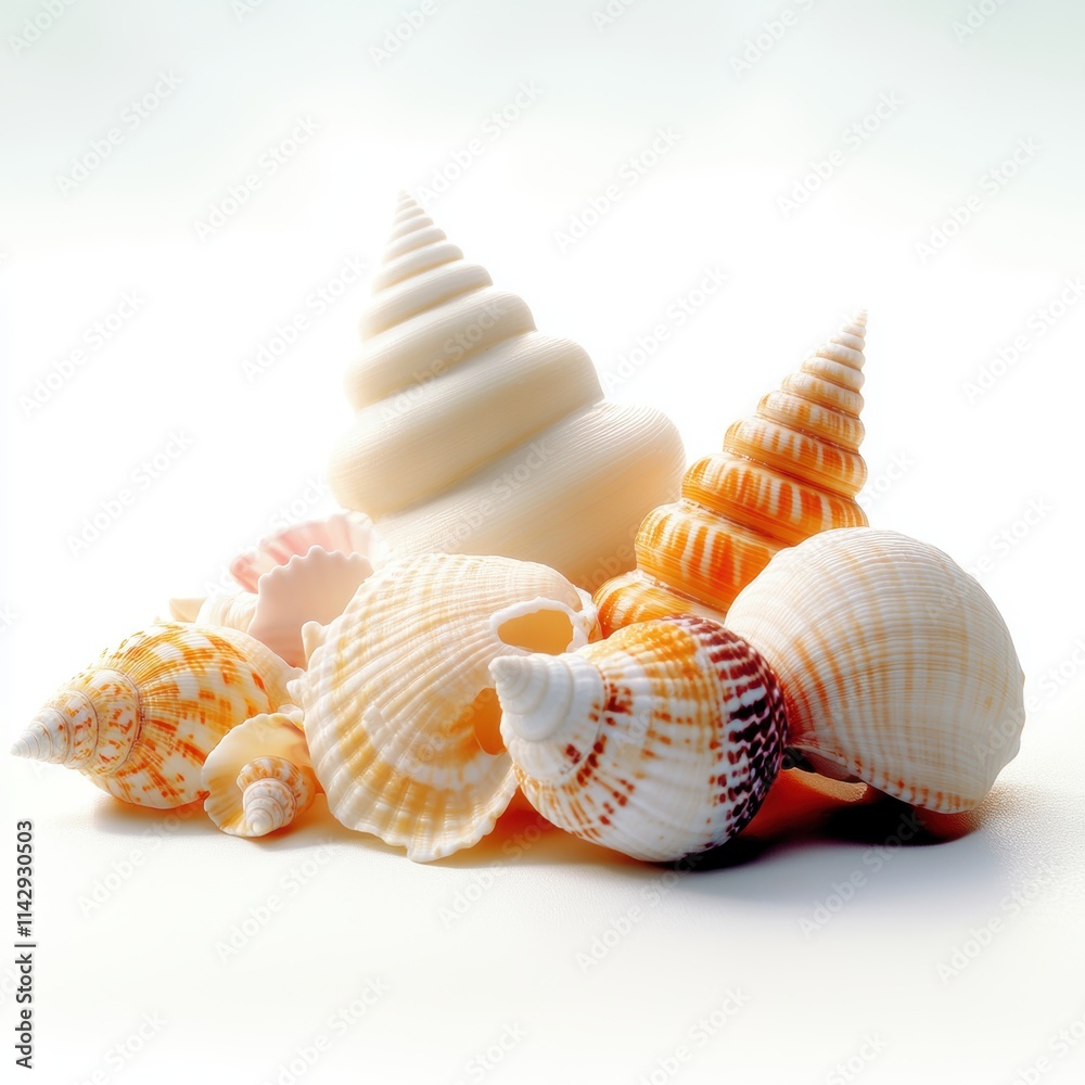 A collection of beautifully shaped seashells in various colors and sizes, resting together on a light background. A collection of beautifully shaped seashells in various colors and sizes, resting together on a light background.