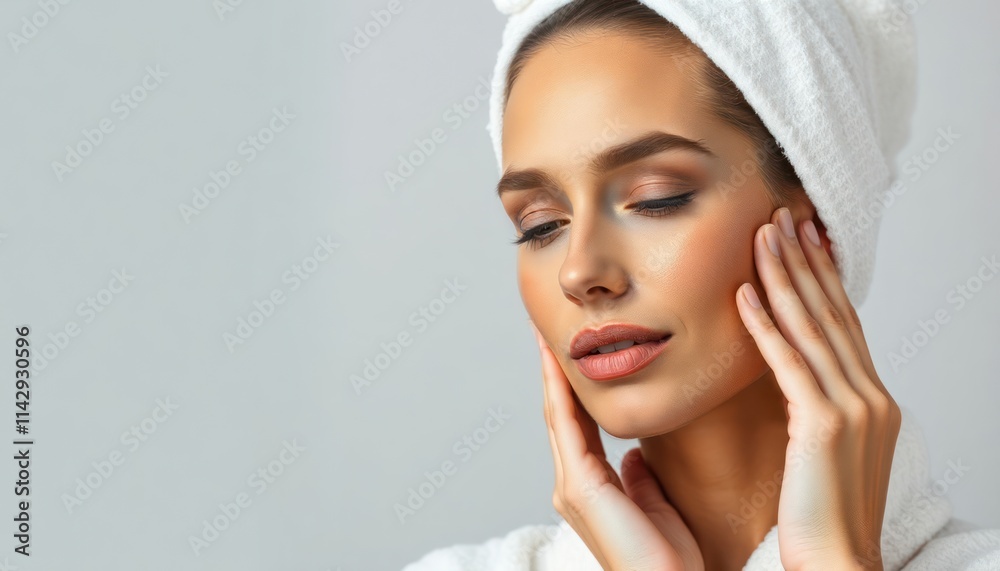 Closeup view of woman with soft complexion. Gently touches face, suggesting skin care routine. Healthy, glowing skin shown. Natural beauty, skincare concept presented. Light, studio setting highlight Closeup view of woman with soft complexion. Gently touches face, suggesting skin care routine. Healthy, glowing skin shown. Natural beauty, skincare concept presented. Light, studio setting highlight