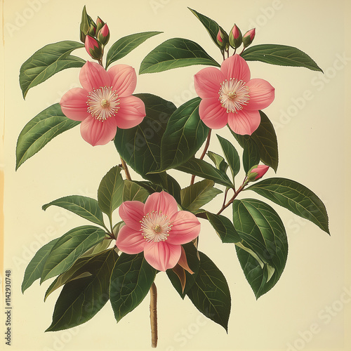 Old botanical painting of vibrant Passiflora quadrangularis flowers with delicate pink petals and lush green leaves photo