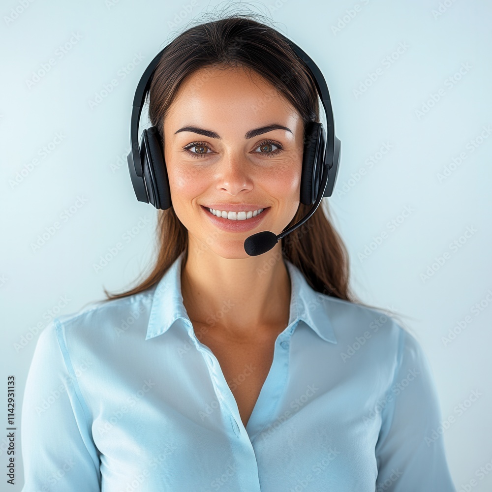 Woman with headset providing customer support in a bright office setting Woman with headset providing customer support in a bright office setting