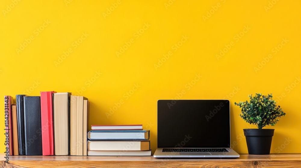 Laptop, books, plant on wooden shelf against yellow wall. Laptop, books, plant on wooden shelf against yellow wall.