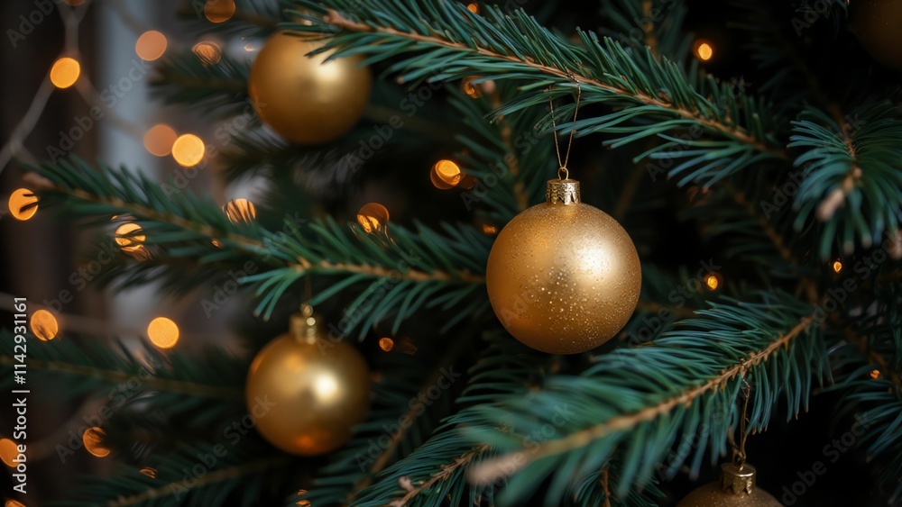 Close-up Elegant Christmas Tree Adorned with Golden Ornaments and Twinkling Lights, Creating a Warm and Festive Atmosphere Close-up Elegant Christmas Tree Adorned with Golden Ornaments and Twinkling Lights, Creating a Warm and Festive Atmosphere