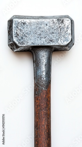 Heavy steel hammer with wooden handle resting on a white surface showcasing its rugged texture and craftsmanship, highlighting traditional tools used in metalworking and construction photo