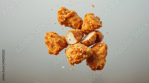 Crispy fried chicken pieces floating in the air, golden brown and tantalizing. Fried chicken pieces mid-air with crumbs and spices flying around.