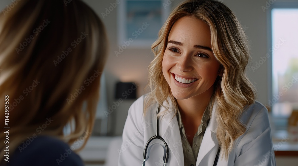 Compassionate female doctor smiling while discussing treatment plans with a patient in a bright and welcoming hospital setting Compassionate female doctor smiling while discussing treatment plans with a patient in a bright and welcoming hospital setting
