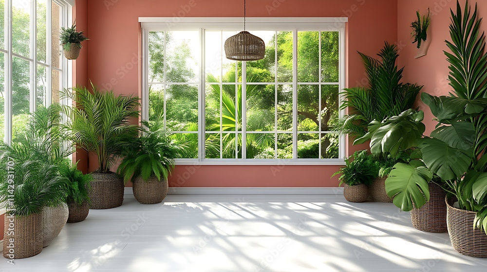 Sunlit Room Filled With Lush Tropical Plants In Woven Pots Sunlit Room Filled With Lush Tropical Plants In Woven Pots