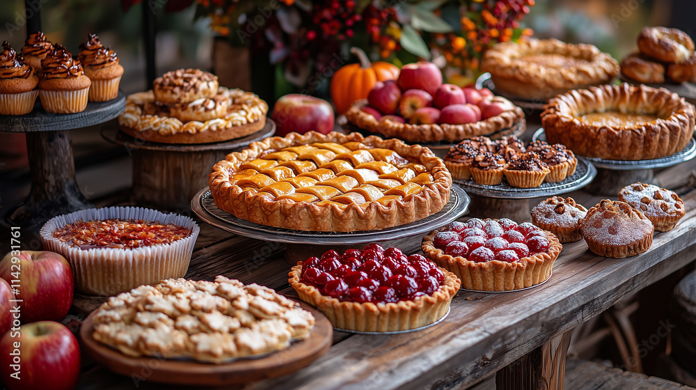 Rustic autumn dessert spread featuring seasonal treats and vibrant fall decorations