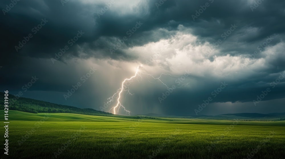 A dramatic landscape featuring a stormy sky, illuminated by lightning, set against rolling hills and a vibrant sunset.