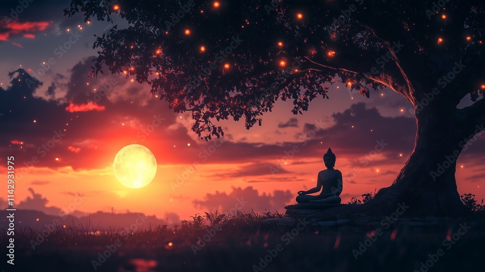Buddha meditating under bodhi tree at dusk for vesak illustration Buddha meditating under bodhi tree at dusk for vesak illustration