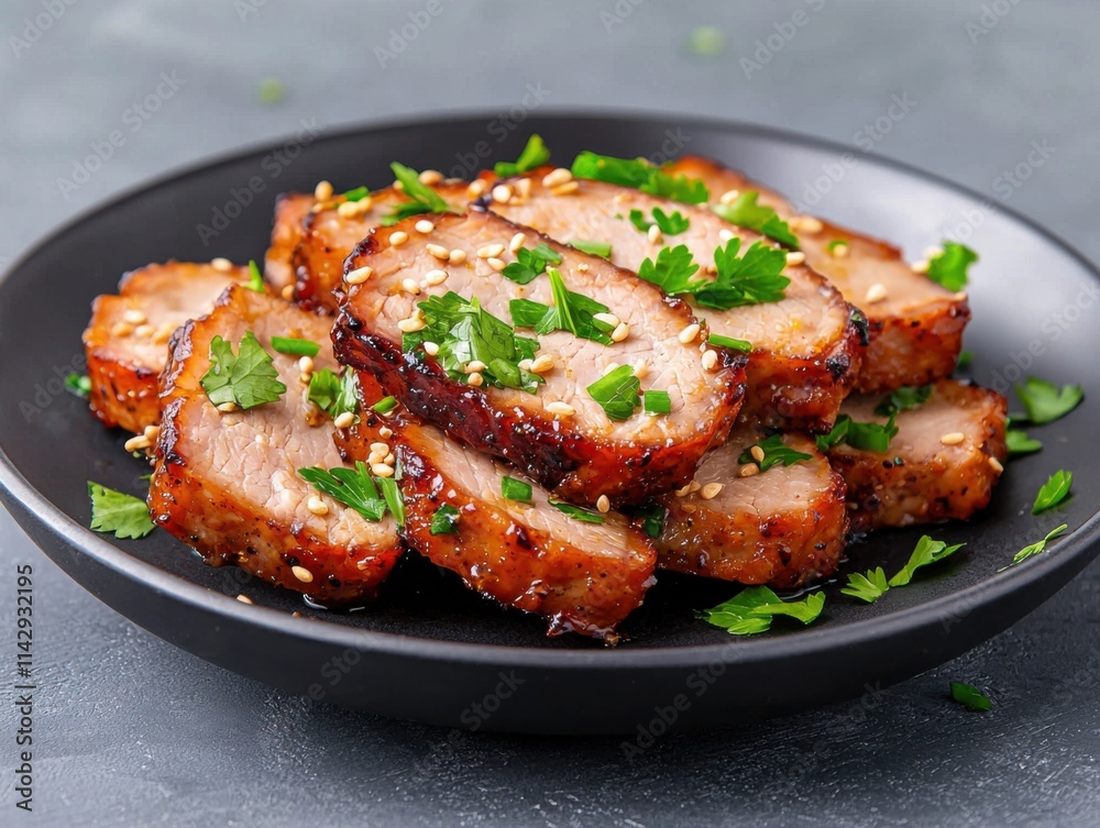 Juicy Barbecue Pork Slices Garnished with Fresh Herbs and Seeds Juicy Barbecue Pork Slices Garnished with Fresh Herbs and Seeds