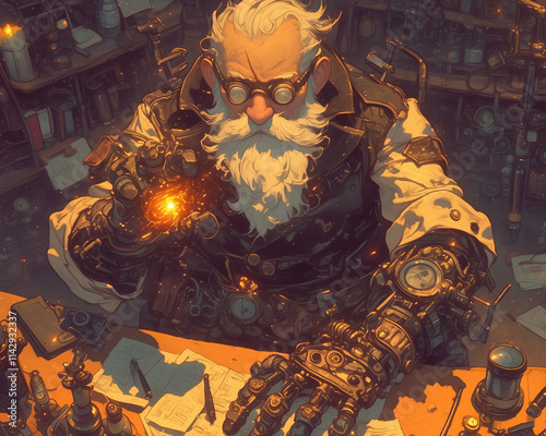 elderly gnome tinkerer engrossed in his invention, surrounded by a myriad of clockwork devices photo