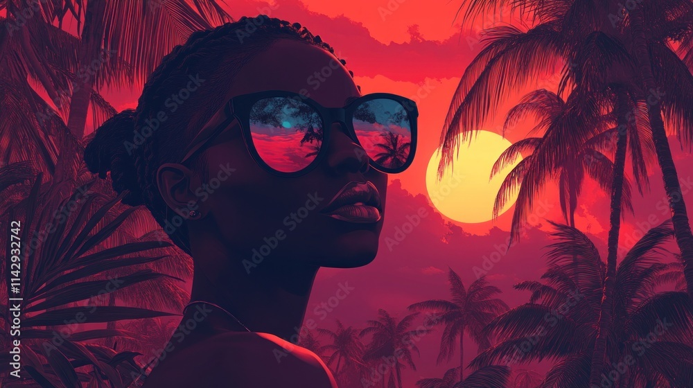 Woman with sunglasses, reflecting sunset over palm trees.