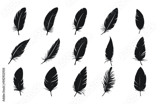 feather logo design set, in black on white background. set of feather silhouettes vector