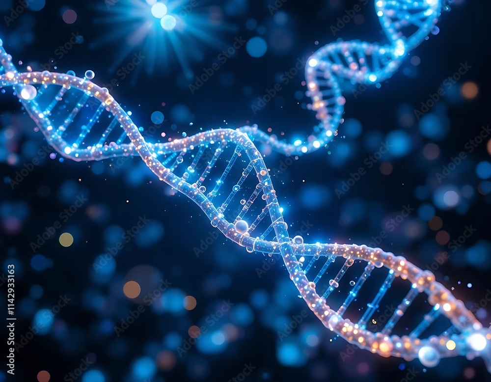 An abstract DNA helix made of glowing light strands floating in a dark, high-tech environment An abstract DNA helix made of glowing light strands floating in a dark, high-tech environment