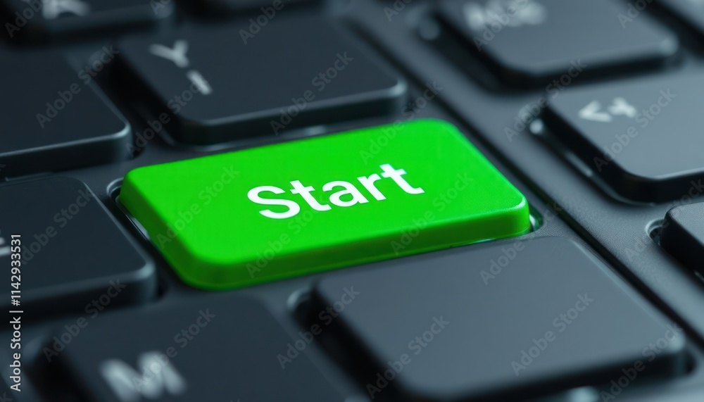 Closeup view of green start button on black computer keyboard. Modern tech interface element highlights initiative, fresh start. Digital resource for project launch task initiation. Access to Closeup view of green start button on black computer keyboard. Modern tech interface element highlights initiative, fresh start. Digital resource for project launch task initiation. Access to