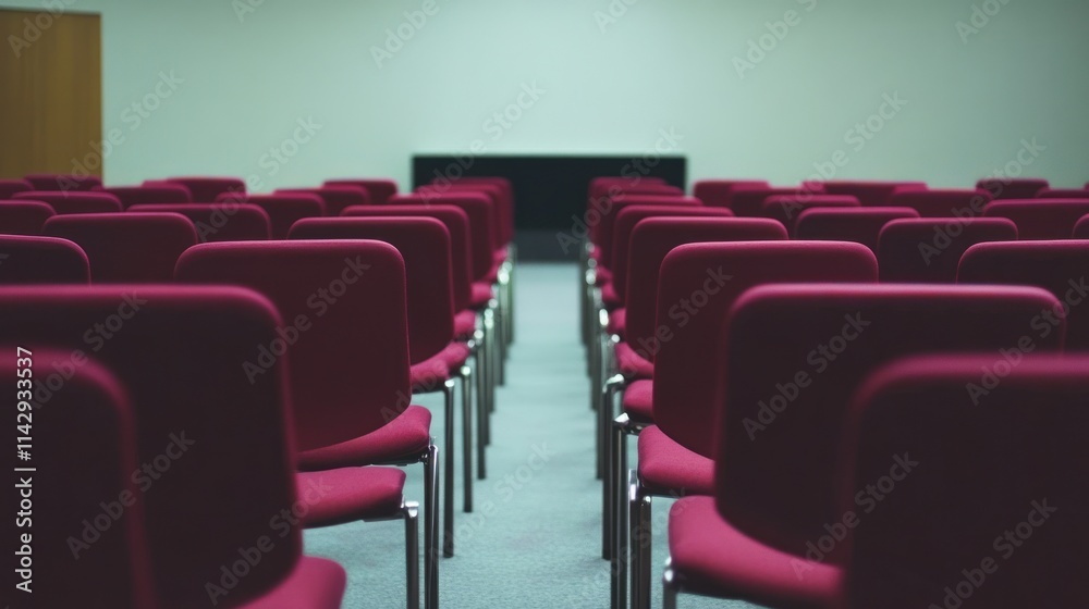 Fototapeta premium Empty maroon chairs arranged in rows in a conference room.