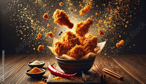 Crispy fried chicken pieces floating in the air, golden brown and tantalizing. Fried chicken pieces mid-air with crumbs and spices flying around.