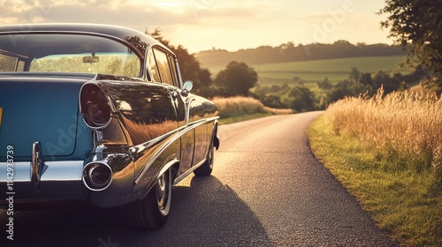 Classic car on a country road at sunset.