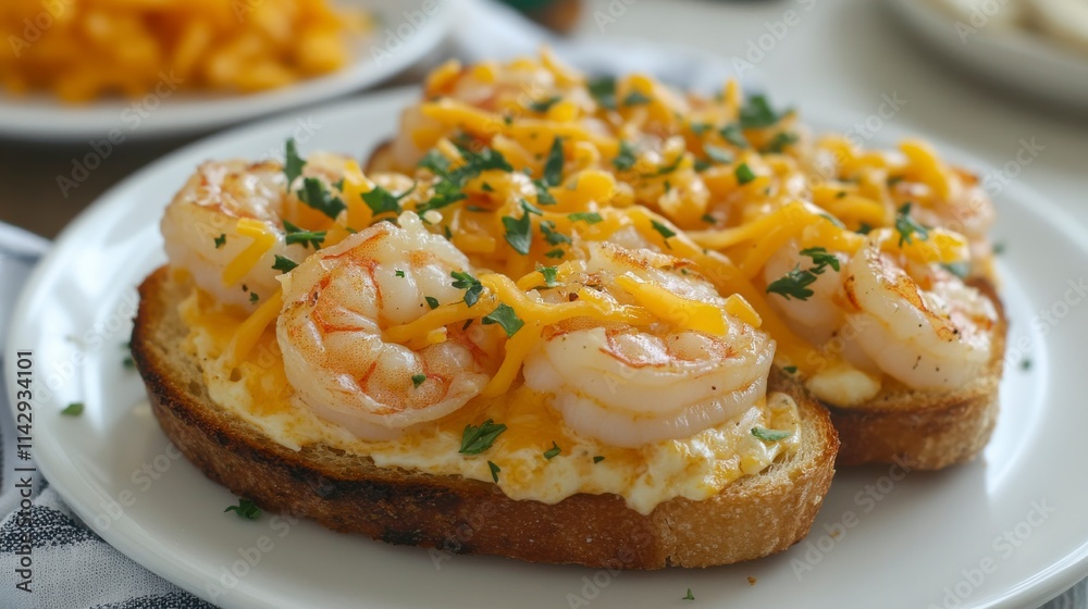 Delicious Shrimp Toast with Cheddar Cheese and Fresh Herbs on a White Plate for a Flavorful Seafood Delight Experience Delicious Shrimp Toast with Cheddar Cheese and Fresh Herbs on a White Plate for a Flavorful Seafood Delight Experience