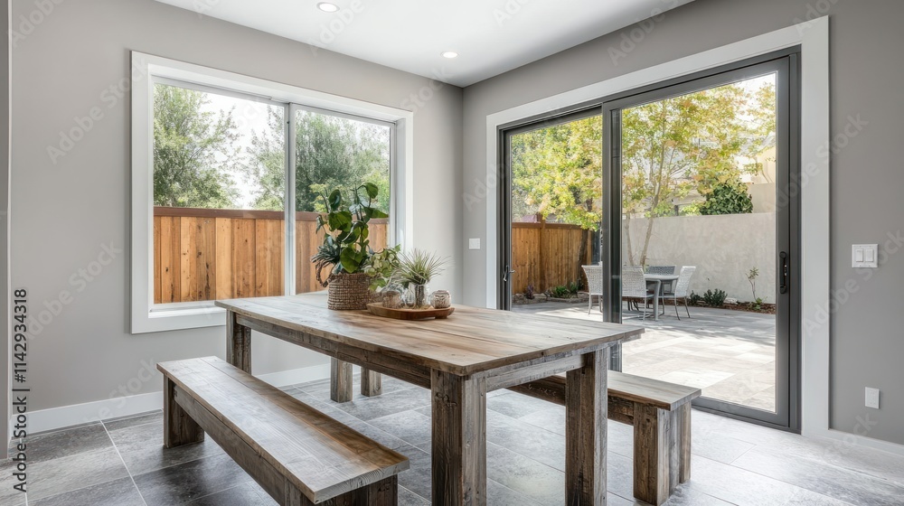 Fototapeta premium Farmhouse dining room with sliding glass doors opening to patio.