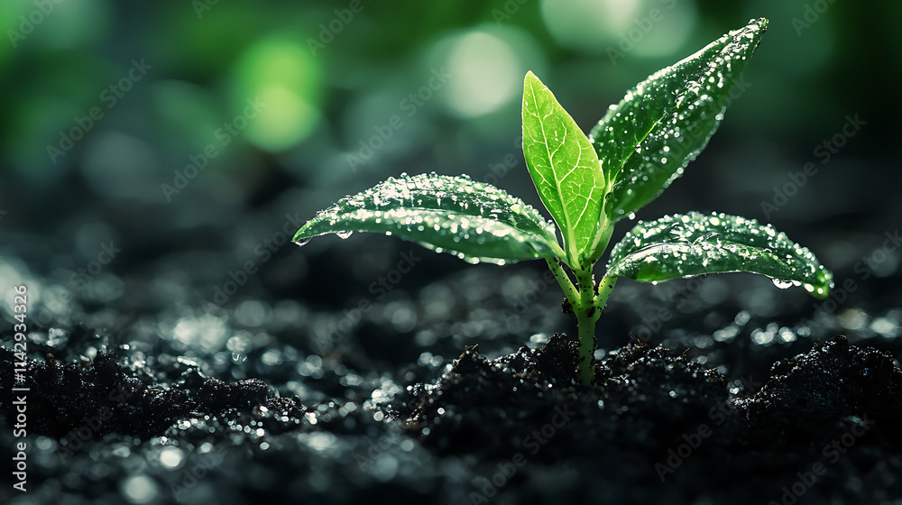 New Growth: A young sprout emerges from rich soil, glistening with dew drops, symbolizing fresh beginnings, resilience, and the promise of life. New Growth: A young sprout emerges from rich soil, glistening with dew drops, symbolizing fresh beginnings, resilience, and the promise of life.
