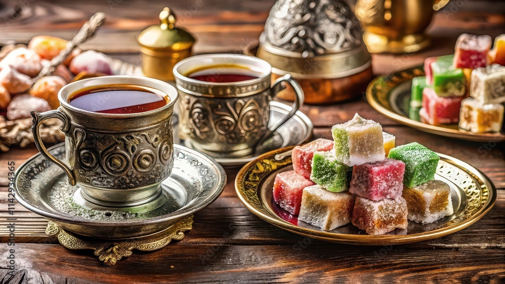 Fototapeta premium Traditional lukum, oriental sweets and cups of coffee. Close-up. The concept of a delicious treat