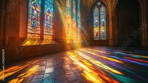 Wallpaper Mural sunlight streams through an intricate stained glass window in a church, casting colorful light patterns on the stone floor, creating a serene and spiritual ambiance Torontodigital.ca