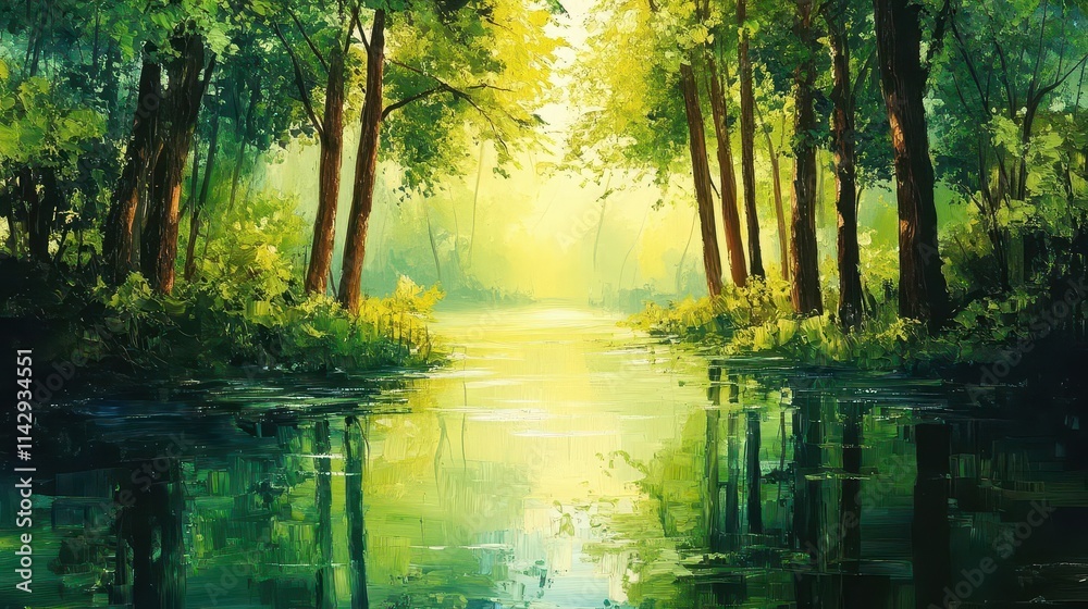 Obraz premium sunlit forest scene showcasing lush greenery surrounding a mirror-like water surface, reflecting the trees above, creating a serene mood and the beauty of nature's tranquility