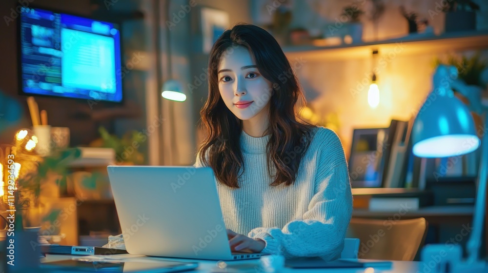 Woman creates a website on her laptop in a bright home office with modern decor Woman creates a website on her laptop in a bright home office with modern decor