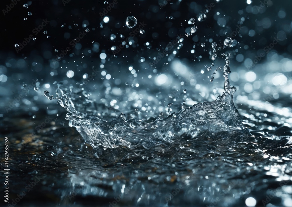 Splash of Water in Macro Close Up on Dark Blue Background. High-Detail Photography for Art and Nature Design. Educational and Scientific Use