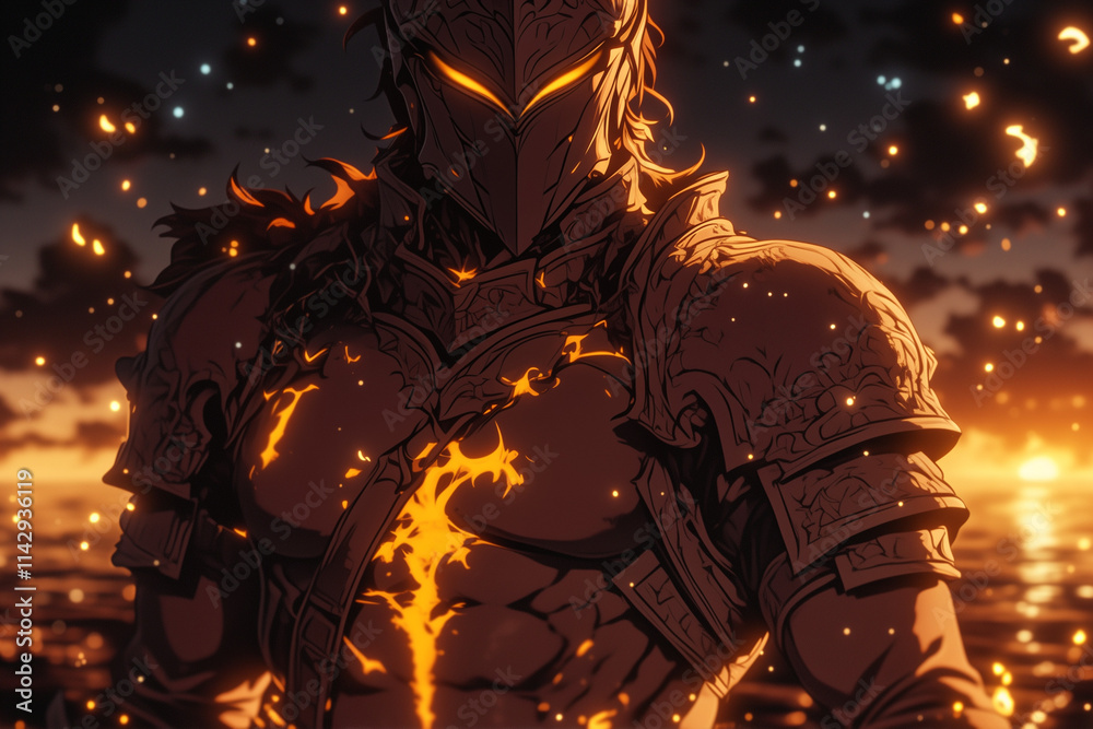 Fototapeta premium aasimar cleric in golden armor stands with a backdrop of a fiery sunset