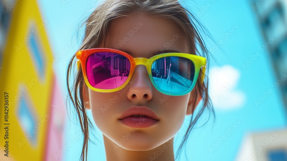 Vibrant Portrait of a Woman in Rainbow Sunglasses - Made with Generative AI Vibrant Portrait of a Woman in Rainbow Sunglasses - Made with Generative AI