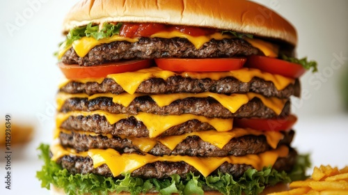 tempting stacked triple beef burger, overflowing with fresh ingredients, juicy patties, vibrant tomatoes, creamy cheddar, and crispy lettuce, set against a clean white backdrop, enticing presentation photo