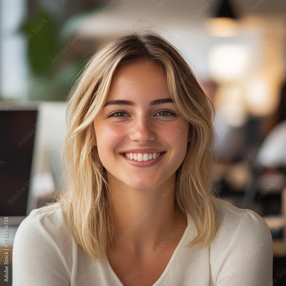 Blonde smiles while working. Blonde smiles while working.
