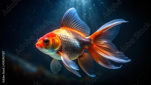 Stunning Low Light Oranda Goldfish Photography - Aquatic Life, Fish Portrait, Underwater Scene, Night Photography, Goldfish Pictures